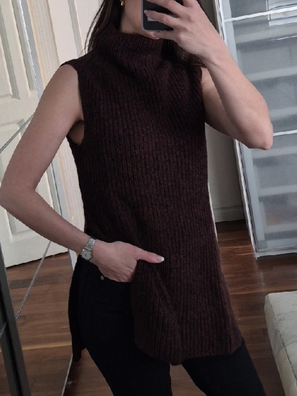 Wilfred Brown Sleeveless Turtleneck Merino Wool Tunic